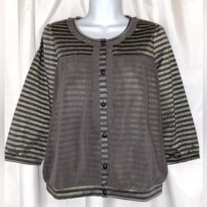 Suzuya Intl Charcoal w/Gold Thread & Overlay Facet Buttons Blouse Sz M NWT